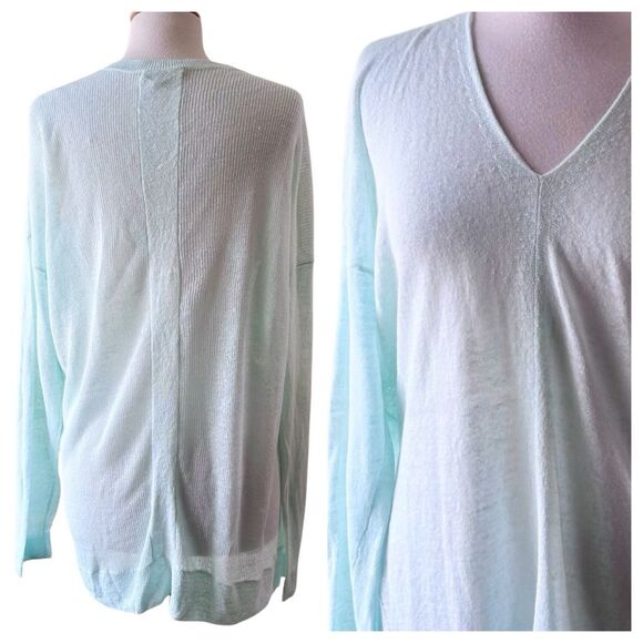 VINCE Pastel Aqua Blue Linen V-Neck Light weight Coastal Sweater - Large - Picture 9 of 11